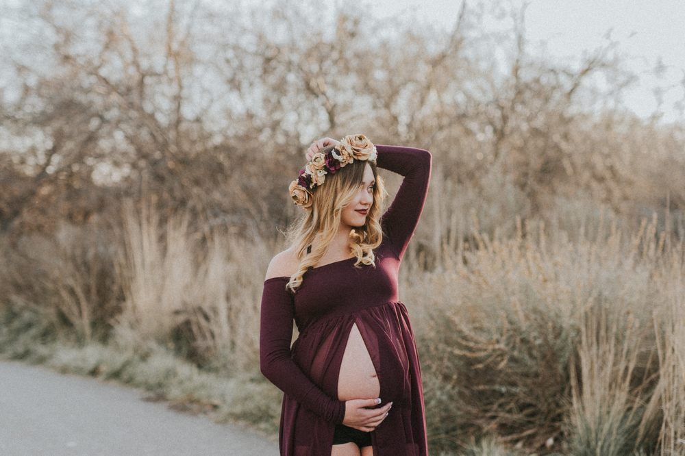 Boise Idaho Maternity Photographer Makayla Madden Photography Winter Maternity Session Maternity Gown Red Engagement Ring Maternity Session Sew Trendy Accessories