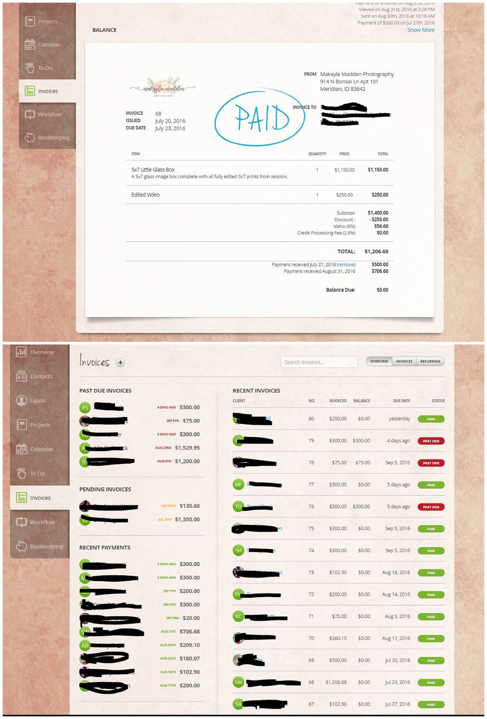 Once a client has confirmed they want to book, I create an invoice for their sitting fee. I love the template feature on 17hats for everything! I literally press 2 buttons and all the info is ready to go on the invoice- The session fee, the description of what's included, the price, etc. The client's info and my info is all on there so they can easily know where to send me a check should they choose to. And when they pay online, I have my bank account hooked up to square, so the money is deposited straight into my account within a couple days!   You can also track which invoices are pending, past due, and paid for in the "invoices" section. A great way to check out what is coming up for payment (and as a mood booster to see how much you are kicking butt!)