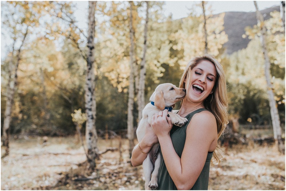 Boise Senior Photographer Makayla Madden Photography Senior Girl Puppy Fun Fall Cute Inspiration Candid Moment Mountains Aspen Trees Laughter Cole Valley Christian Miriam Edes