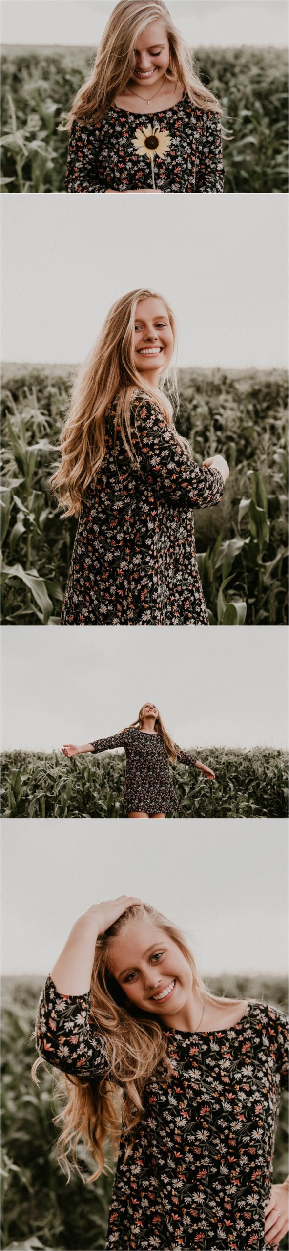 Boise Senior Photographer Idaho Summer Senior Pics Cornfield Linder Farms Floral Dress Flowers Makayla Madden Photography Laughter Dancing