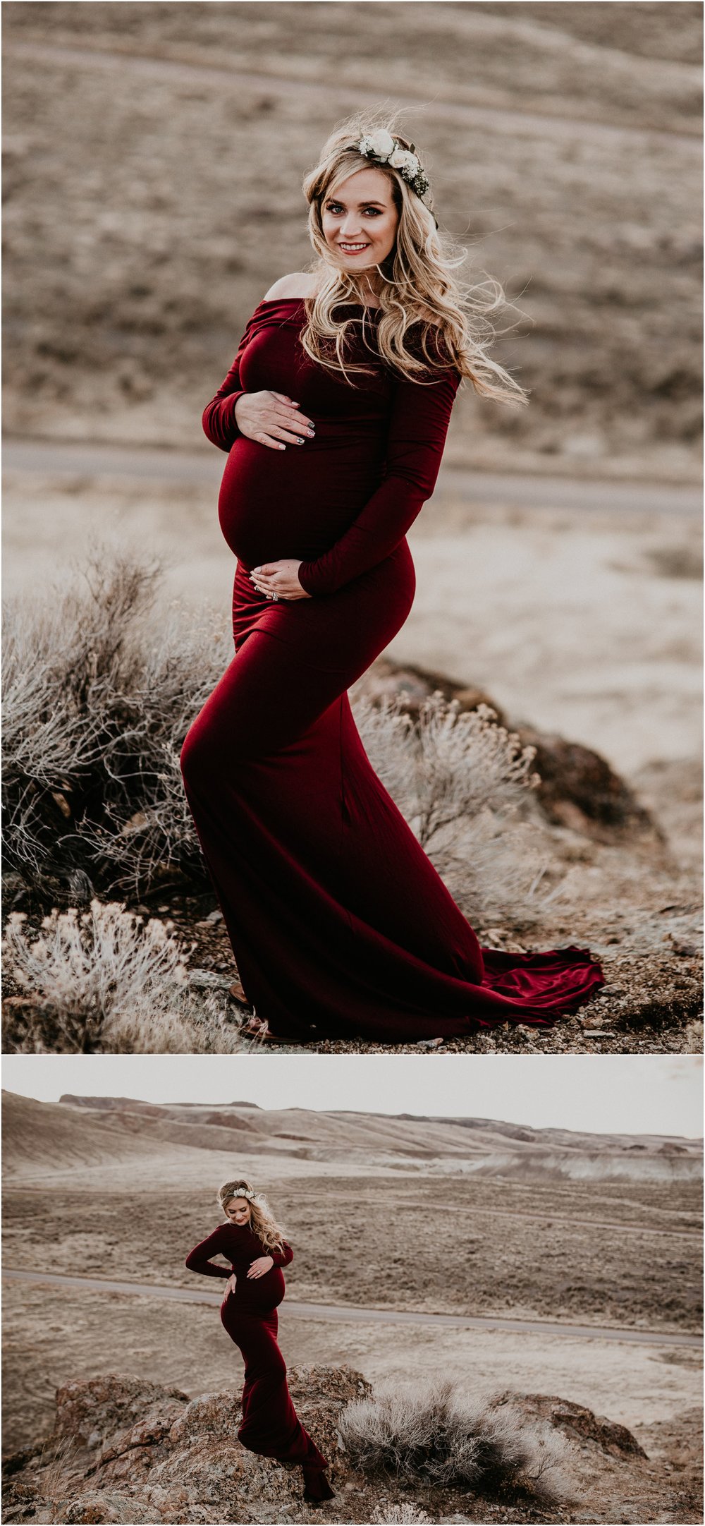 Boise Maternity Boudoir Photographer Makayla Madden Photography Red Mermaid Maternity Dress Sew Trendy Accessories Idaho Motherhood Expecting Hair and Makeup Artist Behrens Artistry