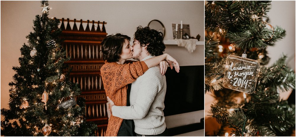 Boise Engagement Wedding Photographer Lifestyle Couples Session In home Dogs Christmas Tree Winter Laughter Love