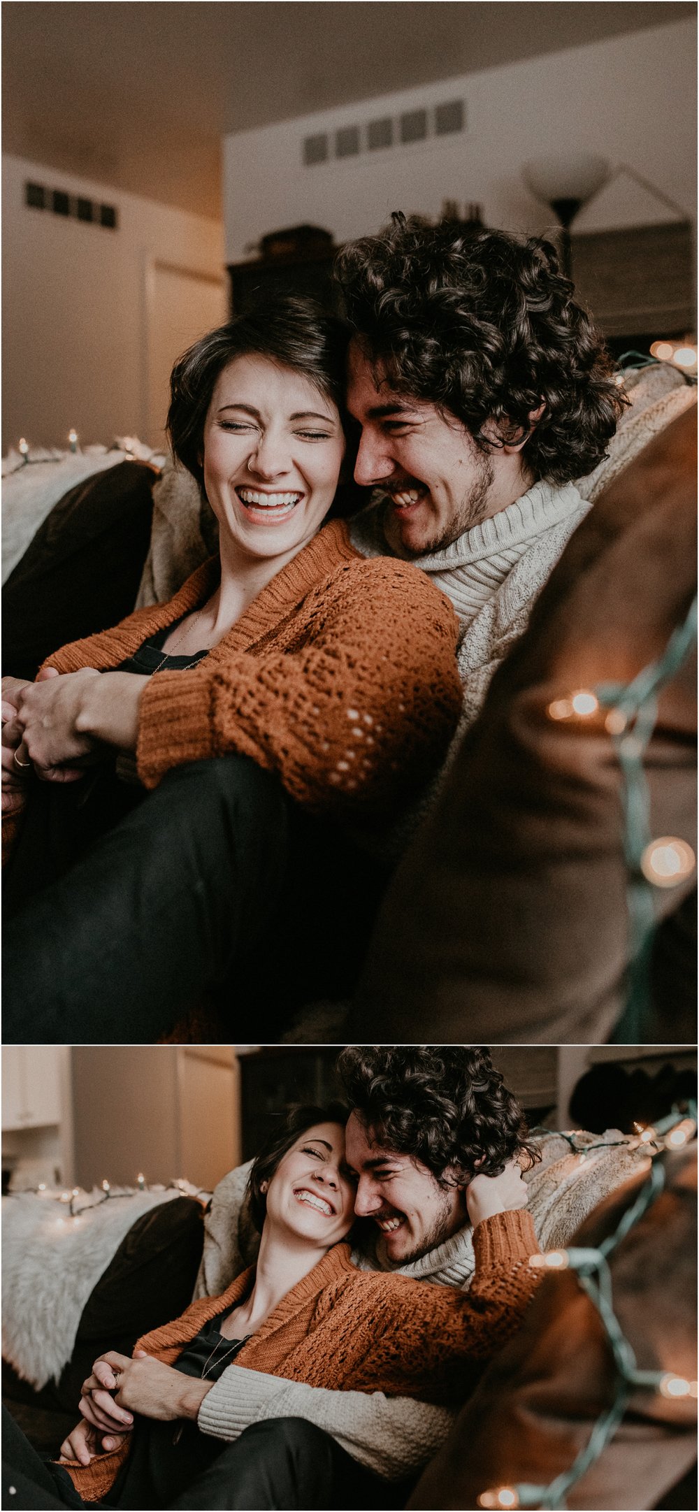 Boise Engagement Wedding Photographer Lifestyle Couples Session In home Dogs Christmas Winter Laughter Love