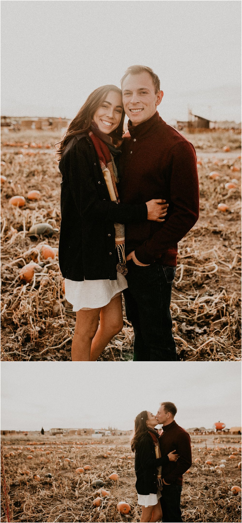 Boise Senior Boudoir Wedding Photographer Makayla Madden Photography Idaho Farmstead Corn Maze Fall Portrait Outfit Ideas Inspiration Plaid Scarf Pumpkin Patch Couples Kissing Engagement Session