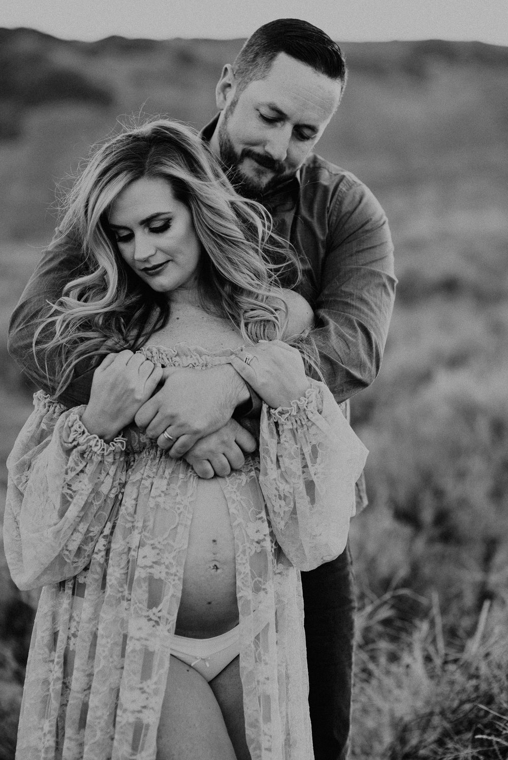 Boise Maternity Boudoir Photographer Makayla Madden Photography Lace Blush Maternity Dress Sew Trendy Accessories Idaho Motherhood Expecting Hair and Makeup Artist Behrens Artistry Couples