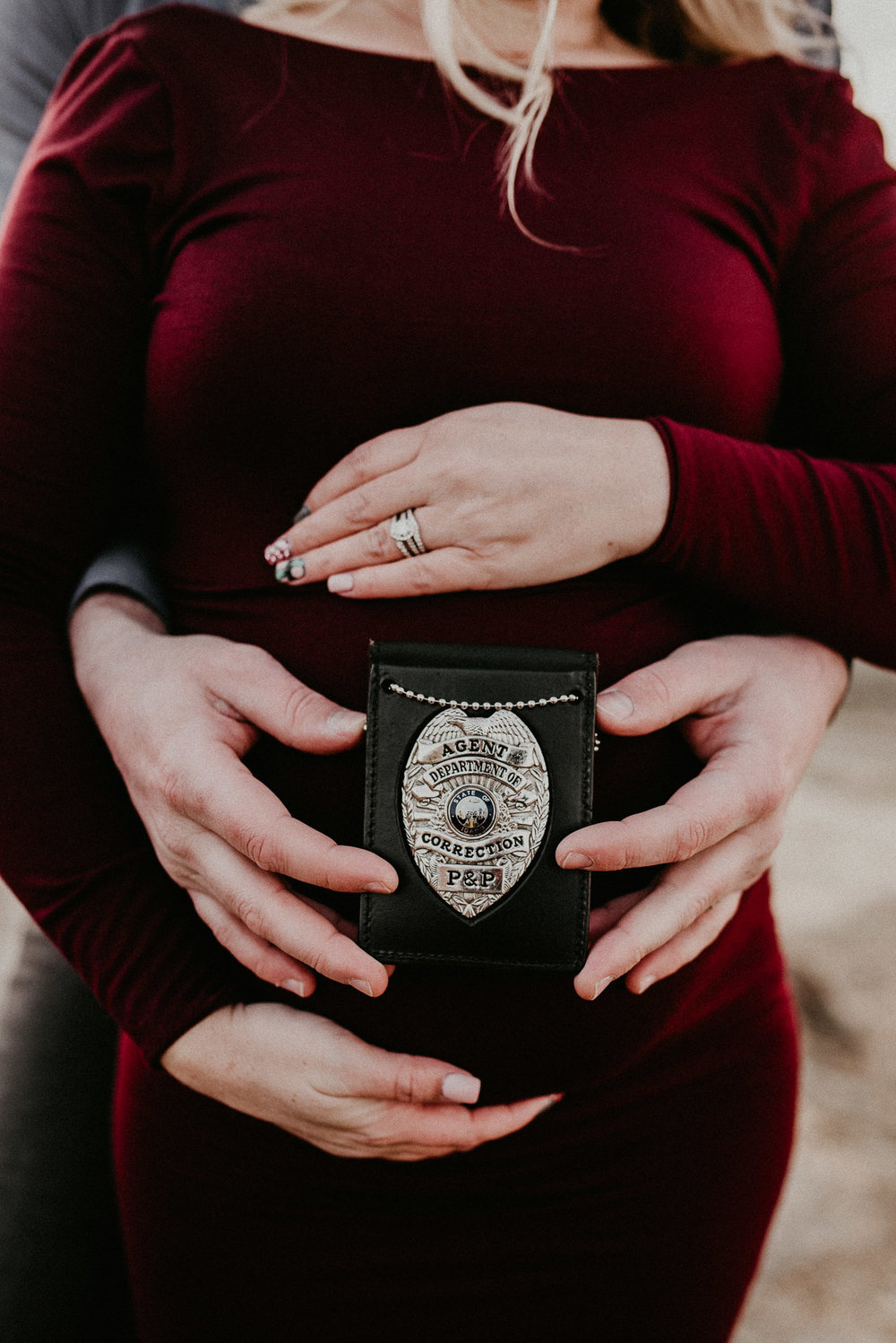 Boise Maternity Boudoir Photographer Makayla Madden Photography Lace Maternity Dress Sew Trendy Accessories Idaho Motherhood Expecting Baby Bump Police Badge Ideas