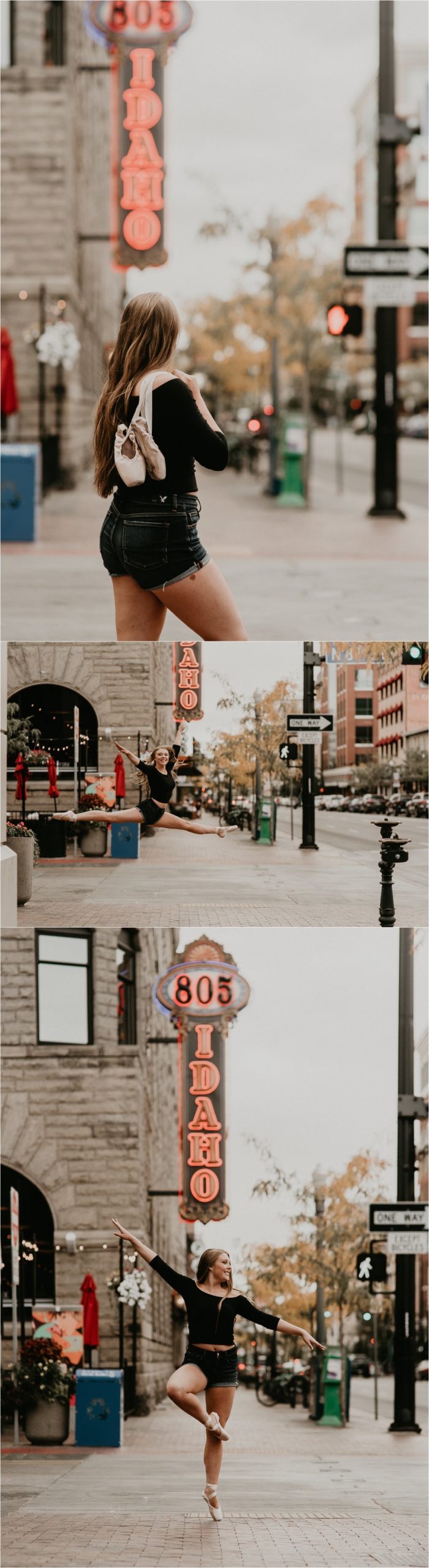 Boise Senior Photographer Makayla Madden Photography Senior Girl Capital High School Kailee Roberts Urban Dancing Senior Pictures Ballet Point Dance Senior Photos  Downtown Boise Idaho St Sign