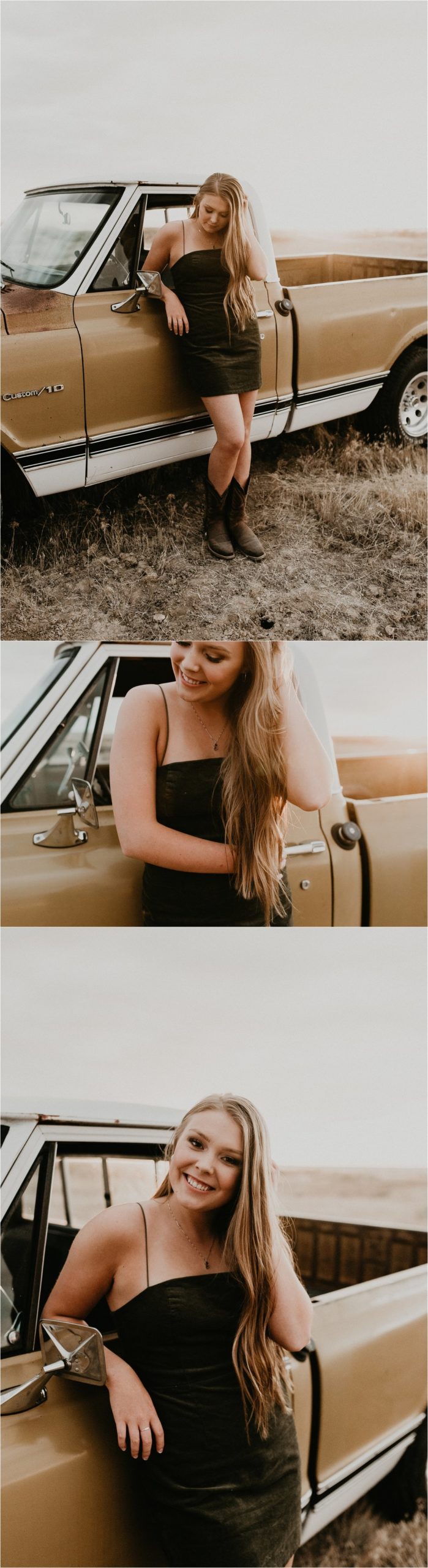 Boise Senior Photographer Makayla Madden Photography Boise Foothills Country Rustic Senior Pictures Senior Girl Outfit Inspiration Idaho Hoffman Autobody Vintage Chevy Truck Cowgirl Boots