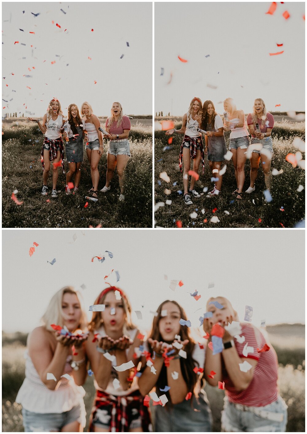 4th of July Photo shoot ideas red white blue confetti poppers Boise Idaho Senior Photographer Laughter Candid Moments Best Friends